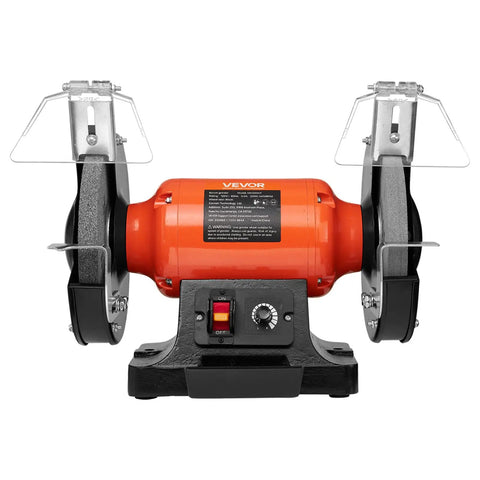 High Octane 8 Inch Variable Speed Bench Grinder Delivering 550 Watt Power And 2000 To 3450 Rpm Range with metal wheels and adjustable eye guard.