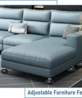 Universal Adjustable Furniture Leveling Feet Pad Mount Kit With Heavy Duty Swivel Base and Articulating Pads under a teal sectional sofa.