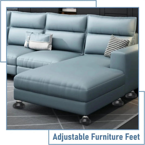 Universal Adjustable Furniture Leveling Feet Pad Mount Kit With Heavy Duty Swivel Base and Articulating Pads under a teal sectional sofa.