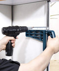 User installing cabinet hardware with Universal Drawer Slide Jig Cabinet Hardware Installation Tool for precise drawer alignment.