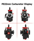 Front and side view of PE22 22mm Carburetor Jet Kit For Predator 212cc And 196cc Clone Engines, Coleman Mini Bike CT200U-EX BT200X B200R KT196, Go Kart Baja Warrior GX160 GX200, Includes Intake Manifold