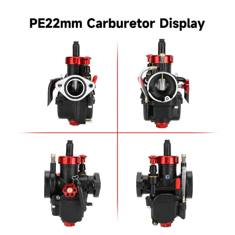 Front and side view of PE22 22mm Carburetor Jet Kit For Predator 212cc And 196cc Clone Engines, Coleman Mini Bike CT200U-EX BT200X B200R KT196, Go Kart Baja Warrior GX160 GX200, Includes Intake Manifold