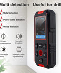 Heavy Duty Stud Finder Wall Scanner With 60 Ft Laser Measure Built In Digital Spirit Level voice audio alarms shown from front with screen details.
