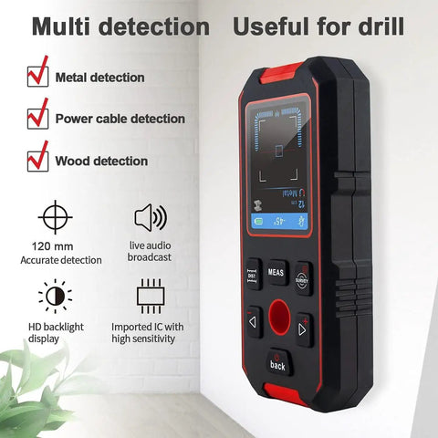 Heavy Duty Stud Finder Wall Scanner With 60 Ft Laser Measure Built In Digital Spirit Level voice audio alarms shown from front with screen details.
