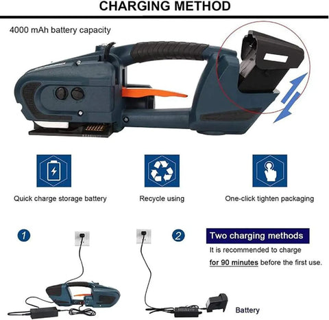 Heavy Duty Battery Powered Electric Strapping Machine For 13 To 16Mm Pp Pet Melting Tape, showcasing quick charge battery features.