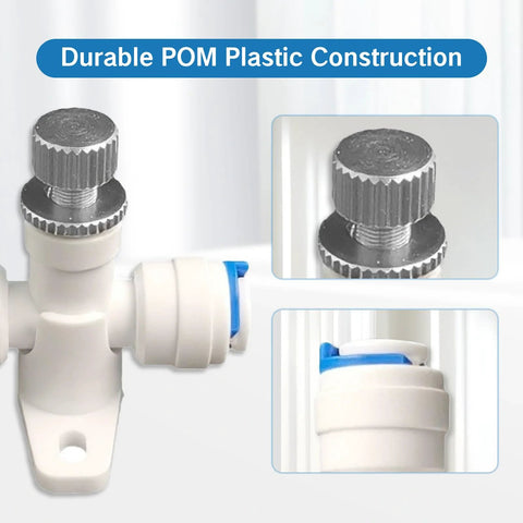 Needle valve 1/4 in water flow regulator for RO system, white plastic body with knurled metal adjustment knob