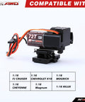 Full Metal 2 Speed Transmission Gearbox With Base for 1 to 18 FMS Crawler Parts Black shown with compatible models list.