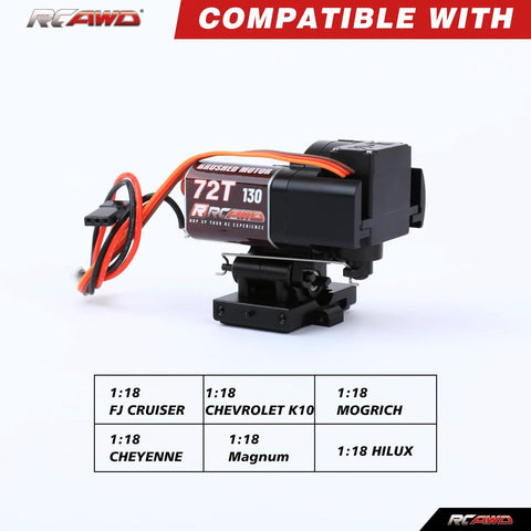 Full Metal 2 Speed Transmission Gearbox With Base for 1 to 18 FMS Crawler Parts Black shown with compatible models list.