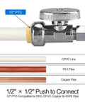 2 Pack Solid Brass Straight Stop Valves Quick Connect Shut Off Fittings 1/2 Inch PTC To 3/8 Inch Compression Output showing chrome valve and pipes.