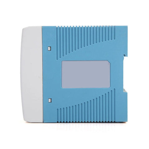 Side view of a Rugged 24V DC Power Supply For Industrial Control, 1A Output, 24W, Wide Input 85VAC To 264VAC unit, blue casing.