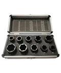 Heavy Duty Steel Bolt Extractor Socket Set 10pc for Gnarly Rusted And Rounded Nuts in a metal case showing socket sizes.