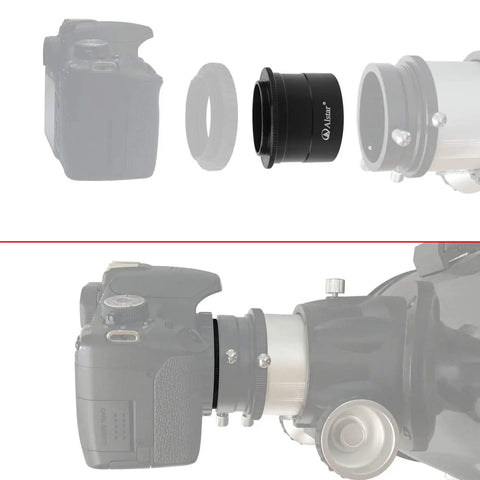 2 Inch T-2 Focal Camera Adapter For SLRs And DSLRs, Quick Mount To Telescope Focuser, shown with camera and telescope connection