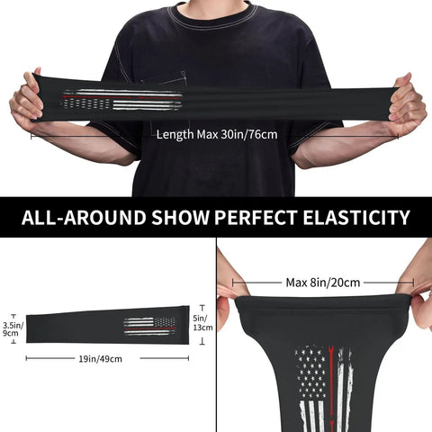 Premium Ice Silk Cooling Arm Sleeves Featuring A Classic American Flag Design, showcasing elasticity and size details.