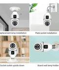 Dead Legit 8MP Dual Lens Wifi Ip Security Camera With E27 Bulb Mount in various installation setups for indoor outdoor use.
