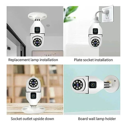 Dead Legit 8MP Dual Lens Wifi Ip Security Camera With E27 Bulb Mount in various installation setups for indoor outdoor use.