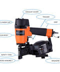 Pro Grade 15 Degree Roofing Nailer Fires Wire Collated Nails 3/4 To 1 3/4 Inches showing key components like cylinder cap, trigger and magazine.