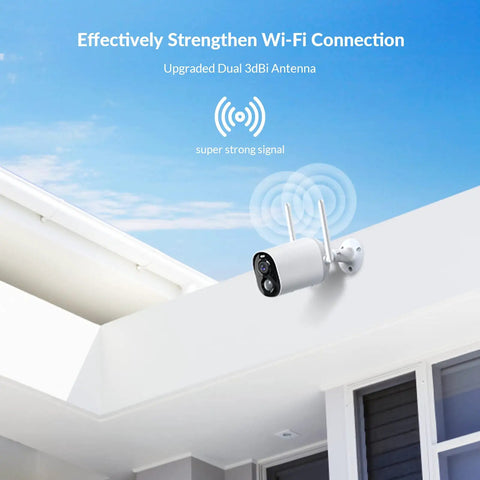 Wireless Outdoor Security Camera With Rechargeable Battery And Solar Power AI Smart Detection IP66 Weatherproof mounted on building