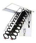 Heavy Duty Electric Pull Down Attic Ladder With Smooth Remote Control And Top Shelf Adjustable Handrails For Hassle Free Loft Access and Solid Ceiling Mount Installation. Wall-mounted with black frame and handle.