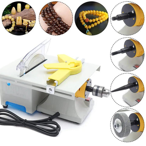 Rock Polishing Buffer Machine For DIY Jewelry And Craft Lovers 750W 110V Mini Table Saw Lathe Polisher shown with accessories