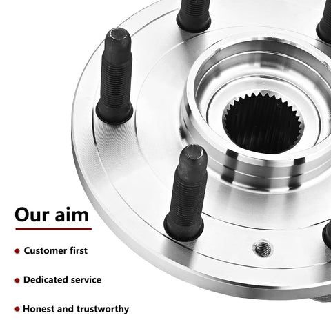 Front Wheel Hub Bearing Assembly For 4WD 6 Lug 515096 Compatible With Chevy Tahoe Silverado 1500 Avalanche Suburban Cadillac Escalade GMC Yukon Sierra With ABS And 2007 Through 2014 Models featuring close-up of bolts and splined center.