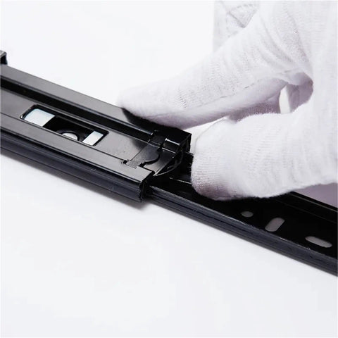 Pair Of Metal Buffer Drawer Slides, 16 Inch (400mm), being adjusted by gloved hand to ensure smooth glide and prevent jamming.