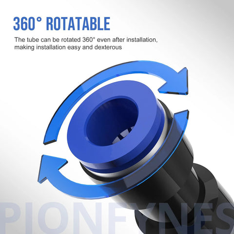 Close-up of PIONFYNES blue plastic push-to-connect fitting; 60-piece quick-release air hose kit with 5/32in–1/2in sizes.
