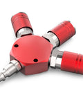 Red Aluminum 3 Way One Quarter Inch NPT Air Manifold With Hex Style Includes Three Steel Couplers And Plugs Quick Connect Fittings