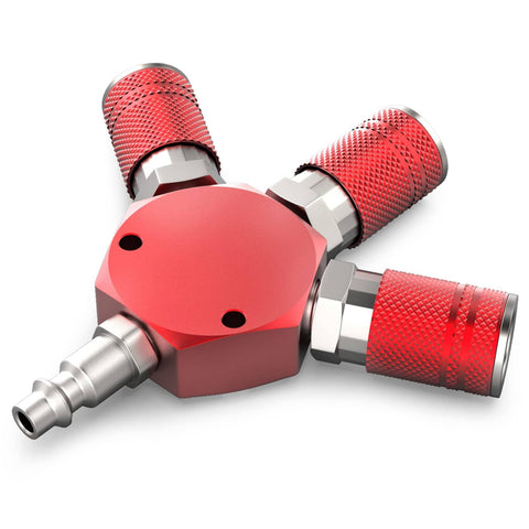 Red Aluminum 3 Way One Quarter Inch NPT Air Manifold With Hex Style Includes Three Steel Couplers And Plugs Quick Connect Fittings