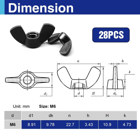 28 Piece M6 Metric Wing Nuts Assortment Kit With Slick Black Zinc Plated Butterfly Hardware For Top Shelf Workshop Upgrades And Zero Hassle Repairs In A Tough Carry Tray, showing dimensions and design.