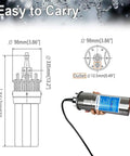 Hands holding 12V DC Submersible Deep Well Pump With 3.2 GPM Max Flow And 230 Ft Max Head, showing dimensions and design