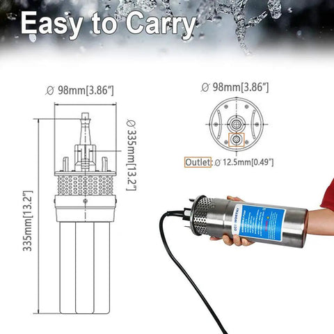 Hands holding 12V DC Submersible Deep Well Pump With 3.2 GPM Max Flow And 230 Ft Max Head, showing dimensions and design