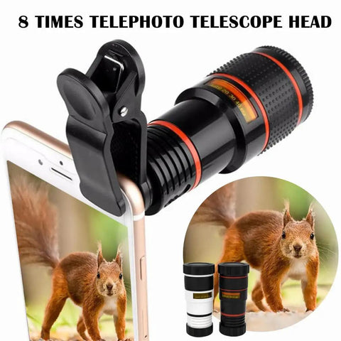 8x High Definition Monocular Telescope For Smartphones With Portable Clip And Easy Focusing Cleaning Cloth Included Ideal For Bird Watching Hunting Camping Hiking And Outdoor Adventures black telescope clip on smartphone with squirrel view