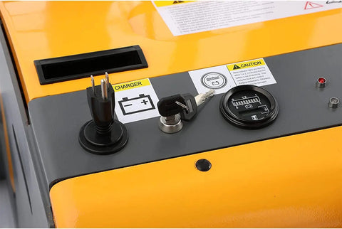 ApolloLift Counterbalanced Electric Pallet Stacker control panel with charger, key slot, and battery indicator.