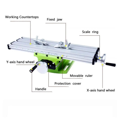 Mini Bench Drill Press Combo Machine With Lathe, Milling And Sanding Capabilities labeled components of a precision sliding table.