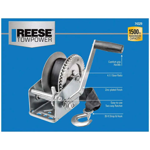 Boat Trailer Hand Crank Winch 1500 Lb Capacity With 6 Inch Comfort Grip Handle Single Speed 20 Ft Strap Heavy Duty Steel Frame