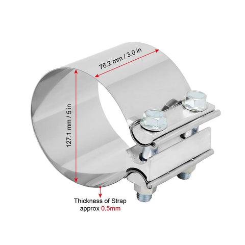 Beefy Stainless 5 Inch Exhaust Band Clamp Butt Joint Sleeve Coupler showing dimensions and zinc-plated bolts for secure fit