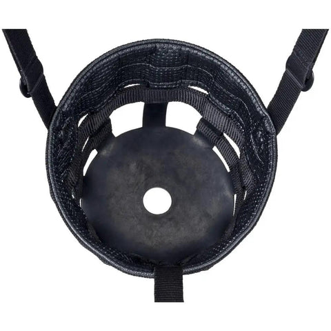 Top view of black Poly Nylon Grazing Muzzle With Halter For Miniature Horses, showing nylon web construction and air holes.