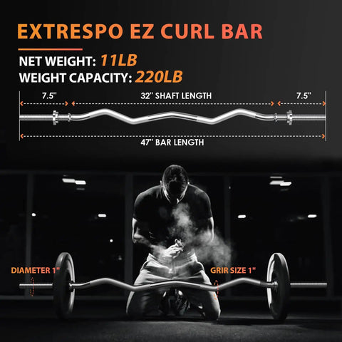 47 Inch EZ Curl Bar With Curved Shaft For Hip Thrusts Squats And Lunges 1 Inch Weight Plates Compatible Built Tough Steel 220 Lb Capacity