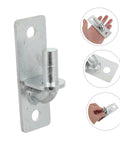 Four Pack Wall Mount Fence Gate Hinges Built Hell Sturdy For Dead Quiet Swings And Dang Easy Setup With Solid Half Inch Pins close-up view showing silver hinge and half inch pin for rustic gates.