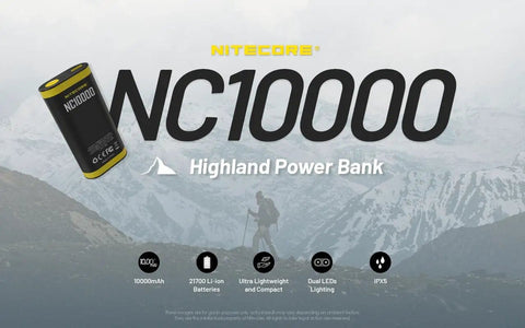 Ultralight 10000mAh Power Bank With Built In Flashlight 50 Lumens Dual LED USB C Fast Charge 20W in mountain backdrop