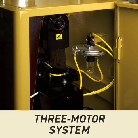 Heavy Duty 37 Inch Wide Belt Sander 20 Horsepower Industrial Woodworking Station motor compartment showing three-motor system.