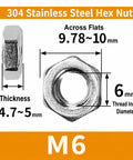 Complete 32 Piece M6 Hardware Kit For Home Repairs And DIY Projects Includes 8 Hex Nuts, image showing M6 hex nut dimensions