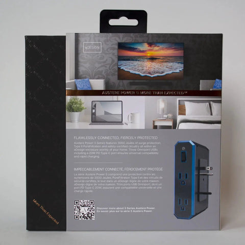 Back of V Series Wall Power Four Outlet Surge Protector With 3000 Joules packaging showing product images and features.