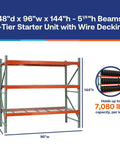 Ultra Heavy Duty 48 Inch Deep 144 Inch Wide 144 Inch High Teardrop Pallet Rack Starter With Wire Decks 3-tier design and orange beams