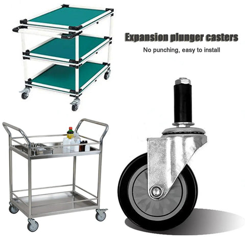 Badass Heavy Duty Swivel Caster Wheels With Expanding Stem For Garage Workbenches And Factory Carts Three Inch Rubber Tread Casters shown on carts.