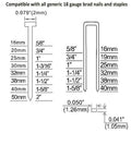Diagram showing compatible brad nails and staples for the Straight Shooter 18 Gauge Pneumatic Brad Nailer And Twofer Air Stapler.