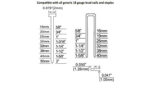 Diagram showing compatible brad nails and staples for the Straight Shooter 18 Gauge Pneumatic Brad Nailer And Twofer Air Stapler.