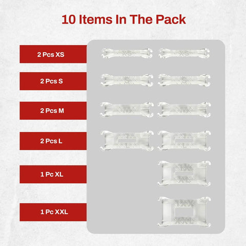 Invisible Ring Size Adjuster For Loose Rings With Six Sizes Keeps Your Engagement And Wedding Rings Snug And In Place No More Slips Clear Ring Band Sizer Guard For Loose Jewelry Multipack Ten Count shown in packaging with sizes XS to XXL.