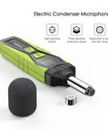 Portable Digital Sound Level Meter With LCD Backlit Display 30dB To 130dB Range, Real Time A Weighted SPL Meter For Home, Shop And Factory Use, Data Hold Function, Easy Readout, Rugged And Reliable. Green handheld meter with foam windscreen and metal sensor tip