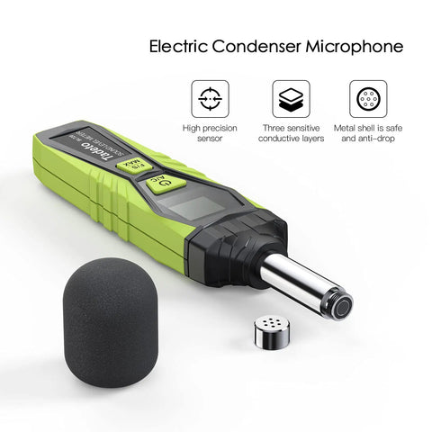 Portable Digital Sound Level Meter With LCD Backlit Display 30dB To 130dB Range, Real Time A Weighted SPL Meter For Home, Shop And Factory Use, Data Hold Function, Easy Readout, Rugged And Reliable. Green handheld meter with foam windscreen and metal sensor tip
